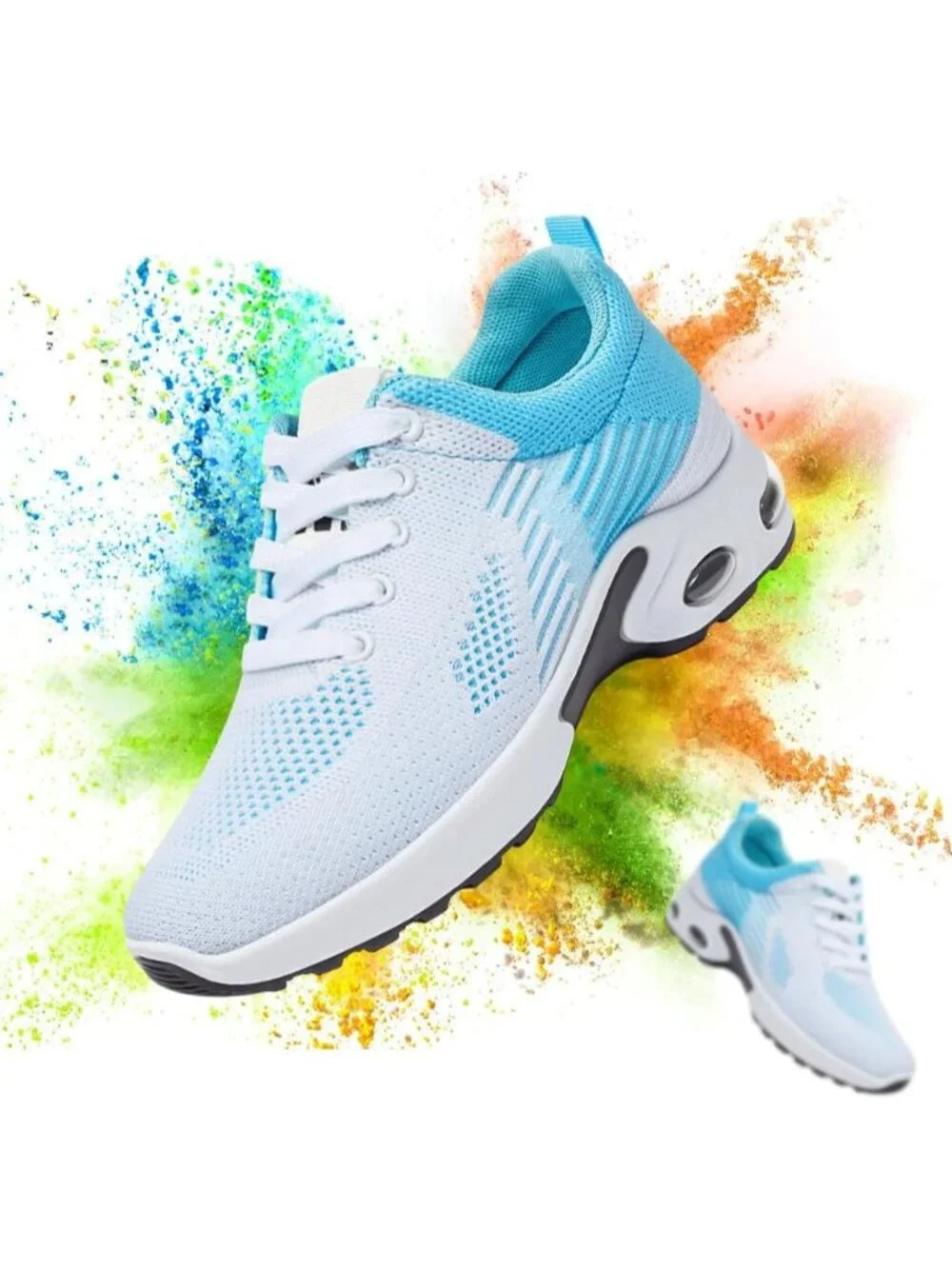 Women's White Blue Lightweight Air Cushion Mesh Breathable Casual Sneakers